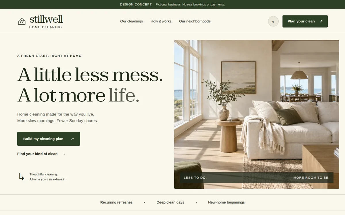 Desktop view of the Stillwell Home Cleaning sample website, with a headline, a photo of a bright living room, and a button to plan a cleaning.