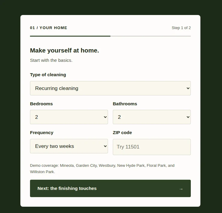 Close-up of the Stillwell quote form asking for type of cleaning, bedrooms, bathrooms, frequency, and ZIP code.