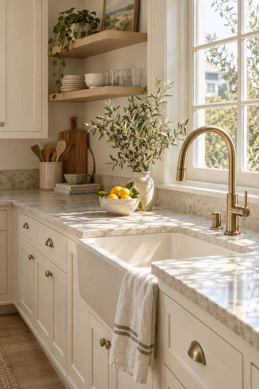 Clean cream-colored kitchen with natural stone surfaces and a brass faucet, conceptual generated imagery
