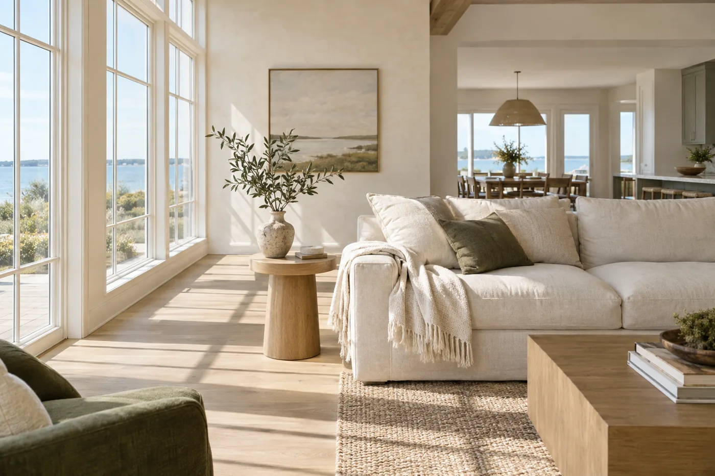 Sunlit coastal living room with a linen sofa and pale oak furnishings, conceptual generated imagery